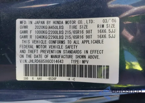 2006 Honda Cr-V Lx из США, поврежденный, VIN JHLRD685X6C014643